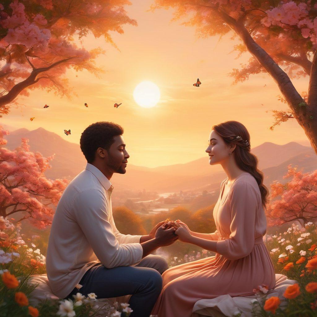 A cozy scene showcasing diverse individuals engaged in heartfelt conversations, surrounded by blooming flowers and soft, warm lighting; a sense of connection and empathy radiates from their expressions. Elements of growth, like blossoming trees and butterflies fluttering around, symbolize personal development. The background features a serene sunset, enhancing the mood of love and affection. super-realistic. warm colors. soft focus.