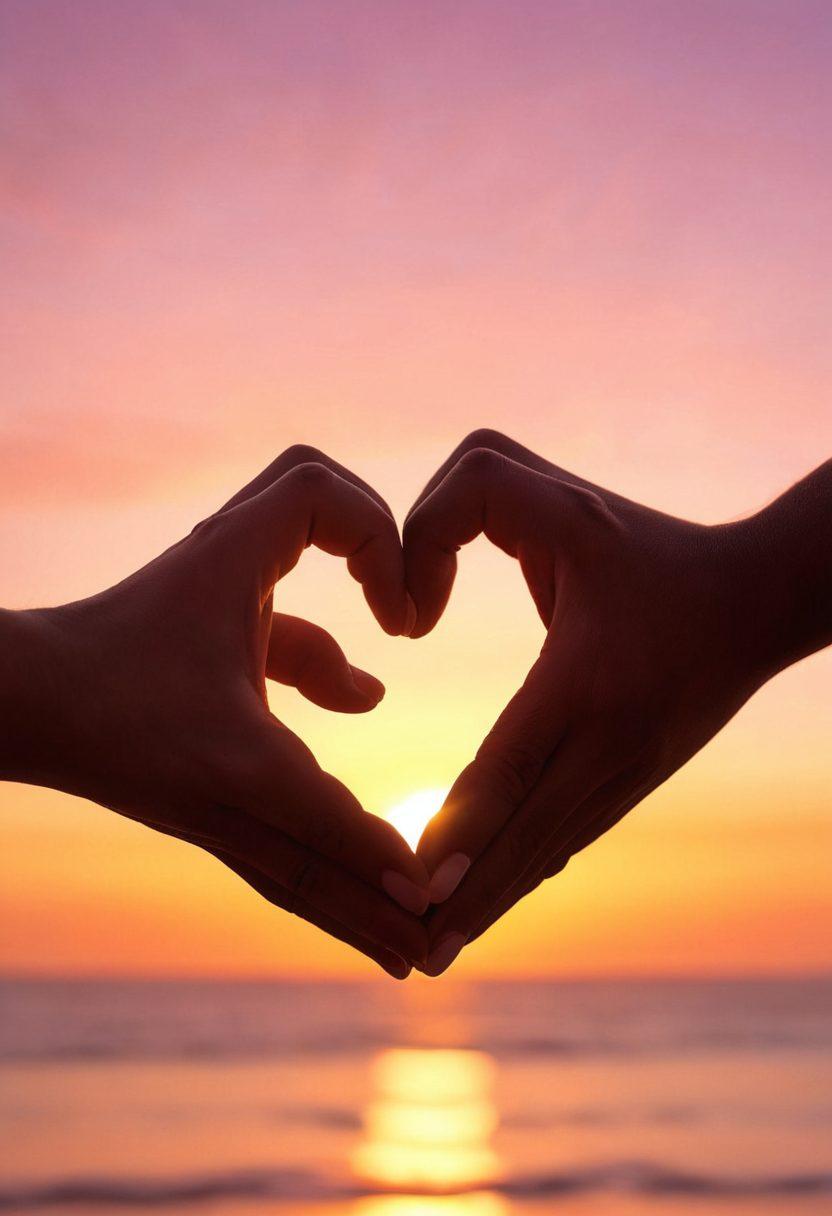 A serene scene of two hands gently touching, surrounded by soft, glowing heart shapes and warm pastel colors, symbolizing emotional intimacy. In the background, a blurred silhouette of a couple embracing under a sunset, representing lasting connections. The image should evoke feelings of love and warmth. super-realistic. vibrant colors. soft focus.