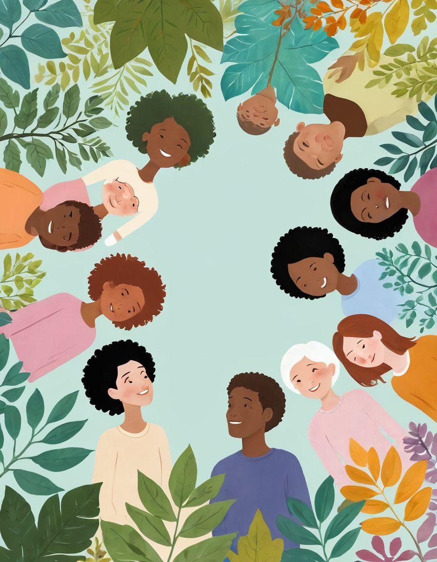 A serene scene depicting a diverse group of people engaged in a circle of conversation, their expressions showing compassion and trust. Soft pastel colors create a calming atmosphere, with elements of nature like trees and flowers surrounding them to symbolize growth and mindfulness. The individuals are of varying backgrounds and ages, highlighting inclusion. Include subtle symbols of communication, like speech bubbles made of leaves. vibrant colors. soft focus.